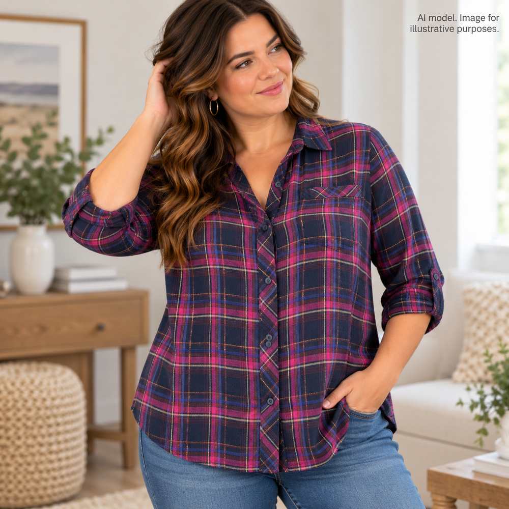 Lucky Brand Shirt Women Large Gold Metallic Plaid Flannel Soft Boyfriend Shacket
